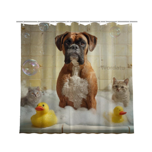 Wordatu Boxer Dog Shower Curtain Bathroom Set 72X72 Inches Funny Cat Lovely Animals in Bathtub for Boys Bath Farmhouse Art Home Decor Fabric 12 Hooks