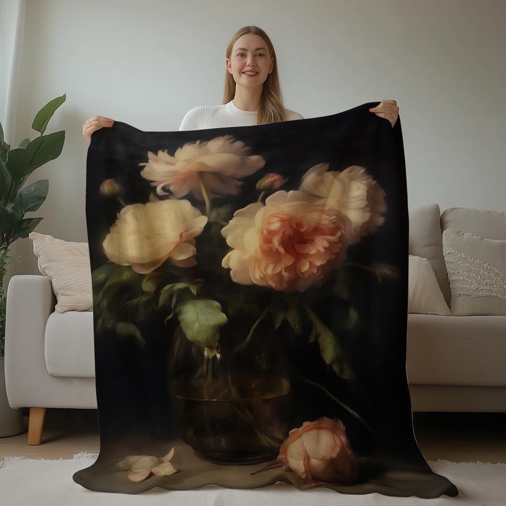 HUNXIAOJ Peony Throw Blanket Peony Gift for Women Floral Print Blanket Flower Decor Warm Soft Flannel for Girls Women Adults Bed Sofa Couch (50 in x 60 in)