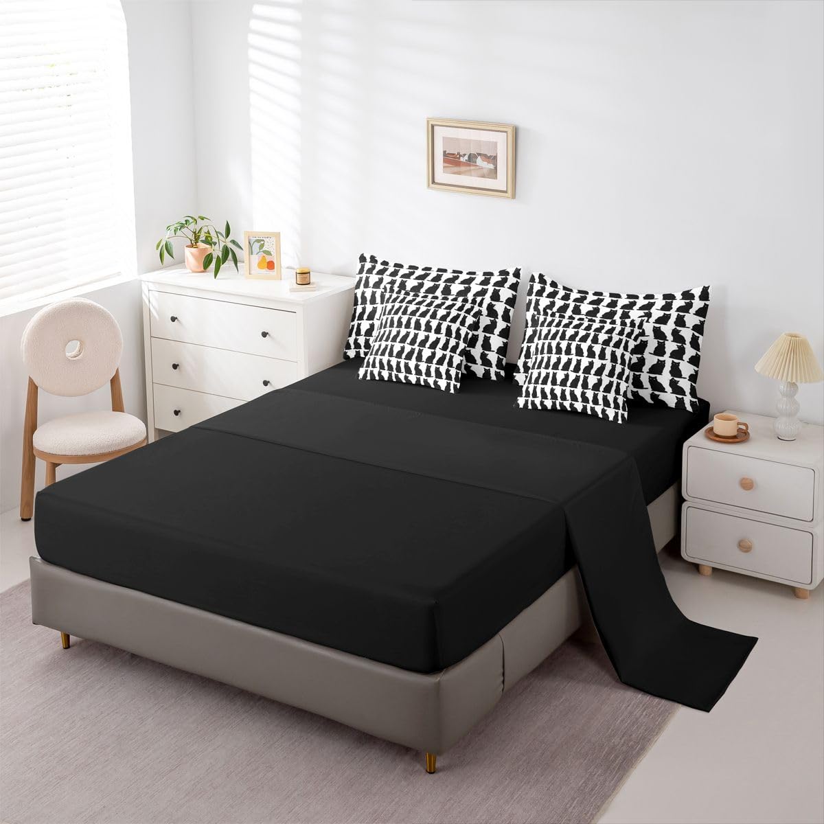 Erosebridal Black Cat 7-Piece Bedding Set Full Size for Kids Teens | Boys Girls Cute Cat Bed in a Bag Cartoon Black Cats Comforter Set with Sheets Geometric Kawaii Kitten Pet Duvet Insert