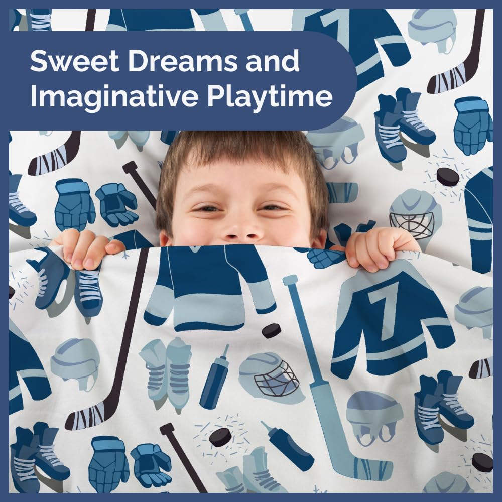 Kids Twin Size Blue Ice Hockey Bed Sheets - 3 Piece Sport Sheet Set - Ice Hockey Player Print Bedding - Soft, Breathable & Machine Washable - Sports Game Bed Set for Boys, Girls, Teens and Toddlers