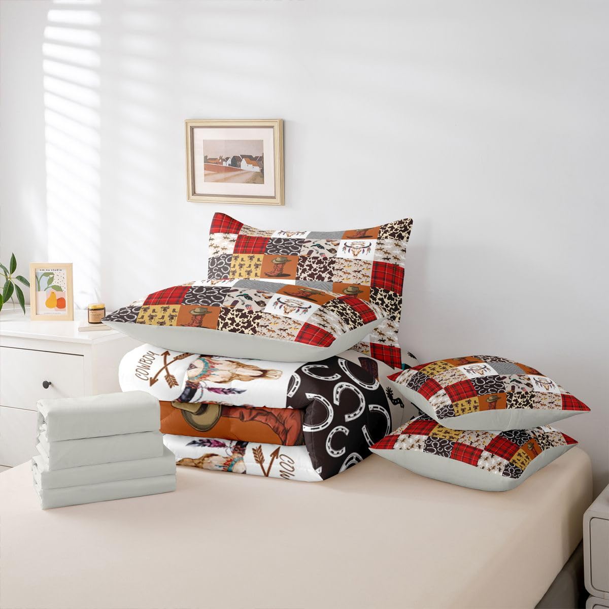 Country Western Comforter Set 7 Piece Bed in a Bag Twin | Cowboy Boots Hat Rustic Bedding Sets Horse Decor Cowboys Comforter and Sheet Set, Farmhouse Cowhide Longhorn Skull Bed Sets,Red Brown