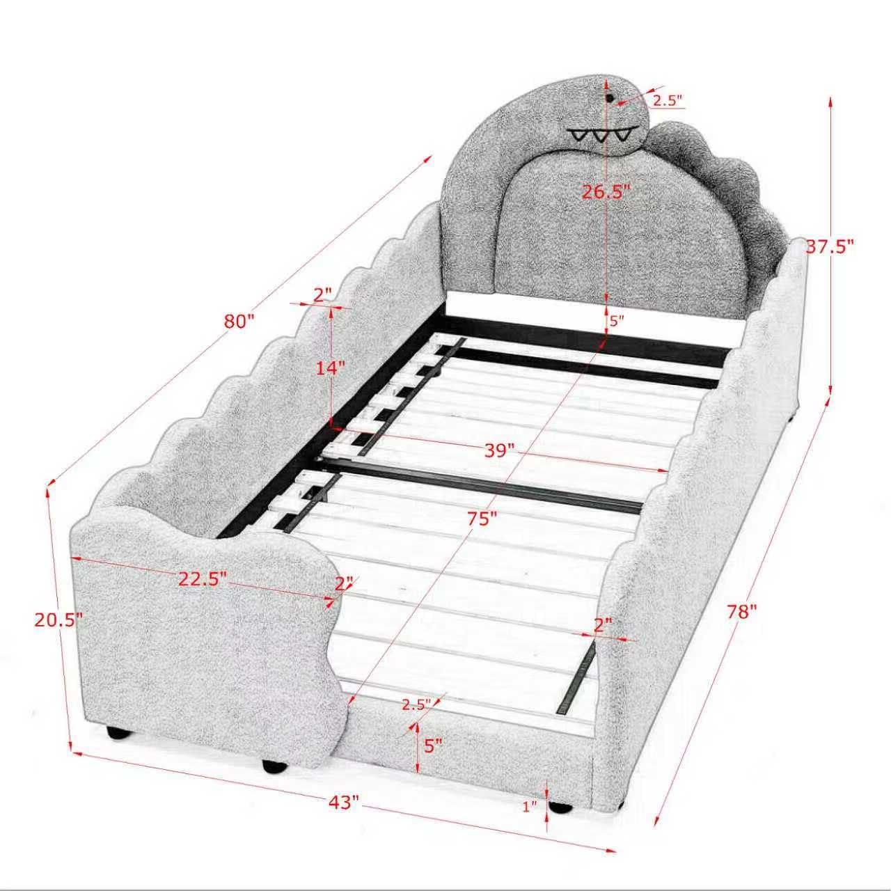 KEIKI Twin Size Upholstered Platform Bed Frame with Cute Dinosaur-Shaped Headboard, for Boys and Girls, Boucle Bed with Thickened Guardrail and Slats, No Box Spring Required, Easy Assembly, Green