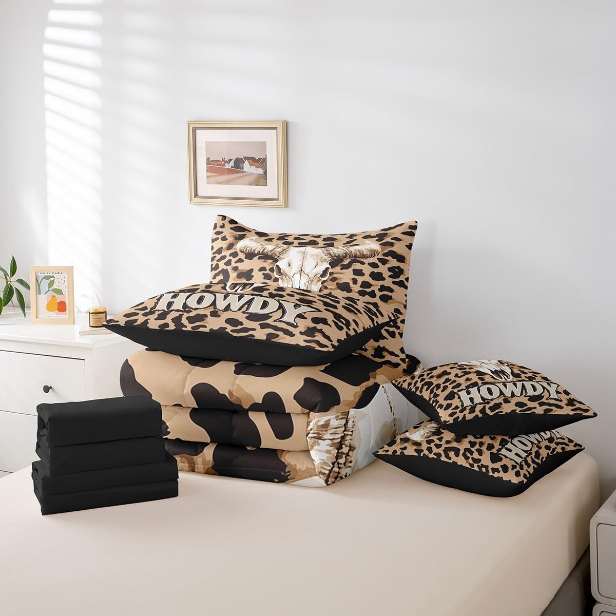 jejeloiu Cow Skull Comforter Set with Sheets Twin Size Kids Longhorn Skull 7 Pieces Bedding Set for Boys Girls Teens Leopard Print Bed in a Bag Breathable Western Bed Set Brown Black