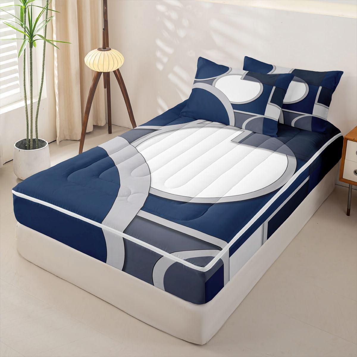 jejeloiu Abstract Geometric Comforter Set Full Modern Zipper Bedding Set for Kids Boys Girls Abstract Neutral Art Bed in a Bag Microfiber with 2 Pillow Cases