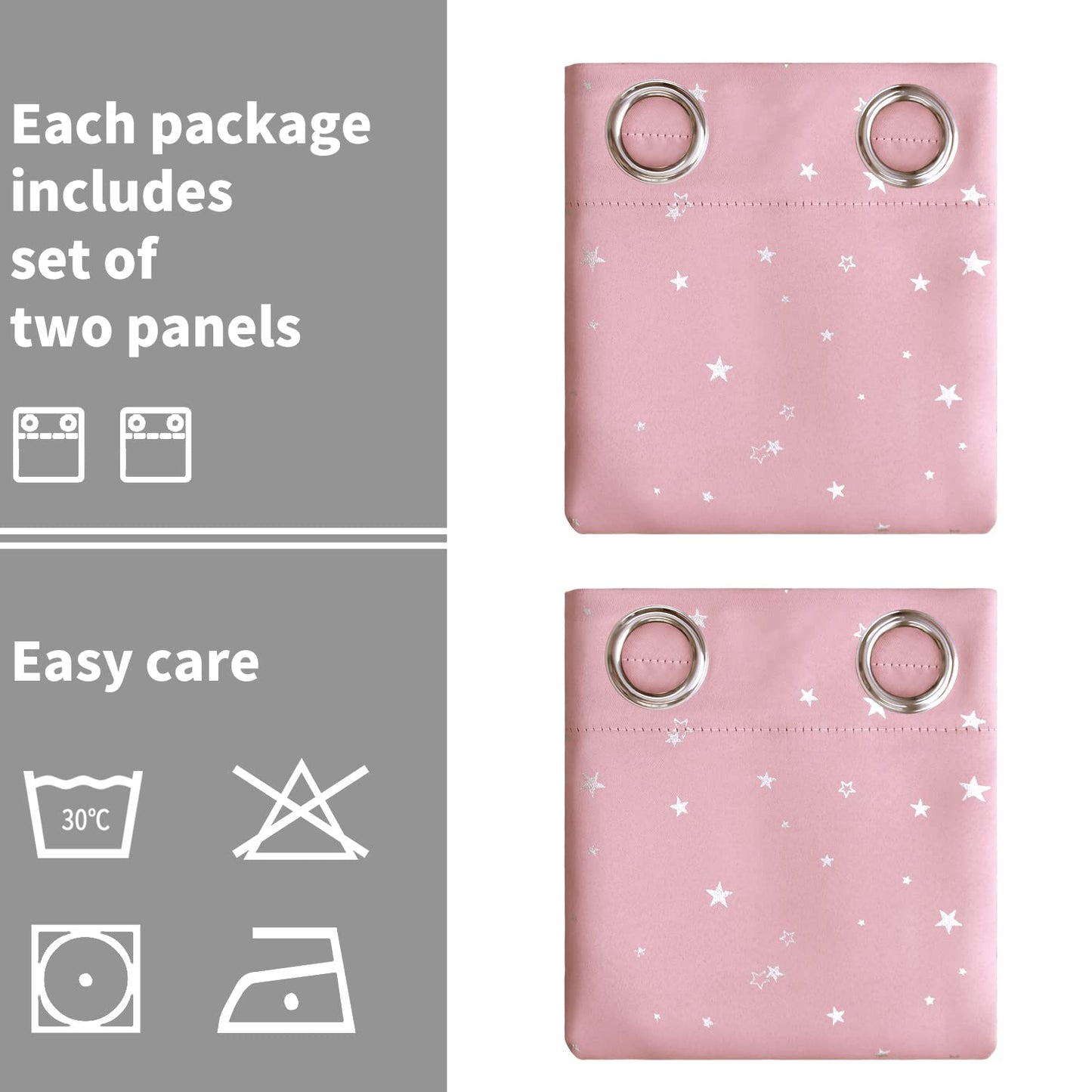 BGment Kids Blackout Curtains for Bedroom - Grommet Thermal Insulated Silver Star Print Room Darkening Curtains for Kids Room, Set of 2 Panels, 42 x 63 Inch, Baby Pink
