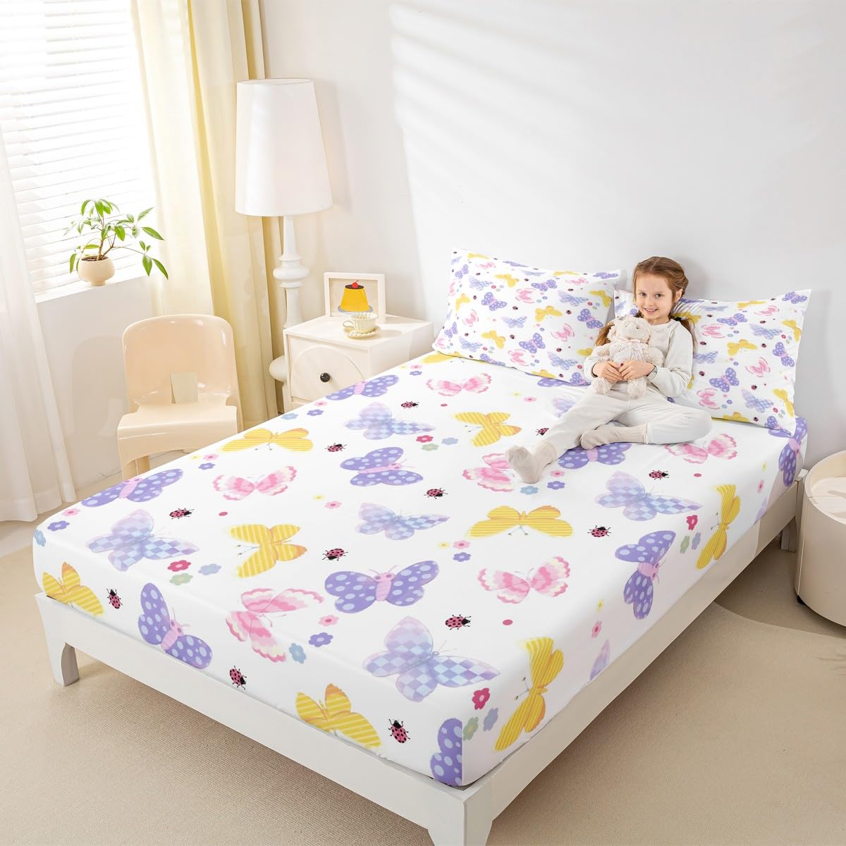 Feelyou Butterfly Fitted Sheet with 1 Pillowcase Twin Size Butterflies Printed Pattern Bed Sheets Set 16" Deep Pocket Boys Girls Purple Blue Checked Bedding Cute Flowers Teens Bedroom Decor