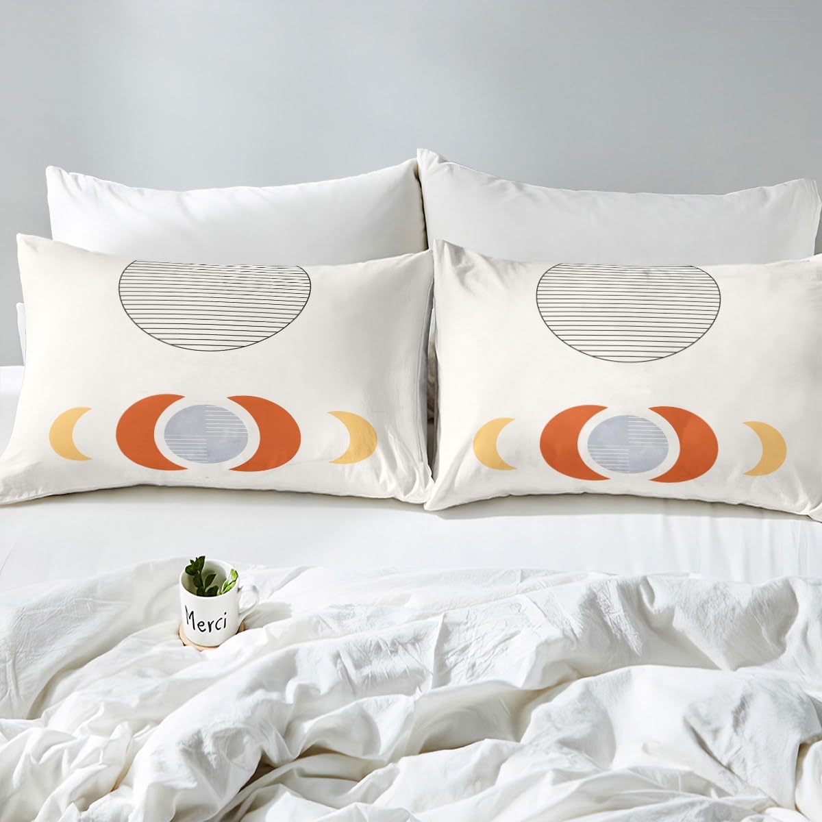 Erosebridal Mid Century Comforter Cover Abstract Moon Bed Set, Striped Duvet Cover Queen Size White Aesthetic Bedding Sets, Retro Minimalism Bedspread Cover Modern Art Bedroom Decor Ultra Soft 3pcs