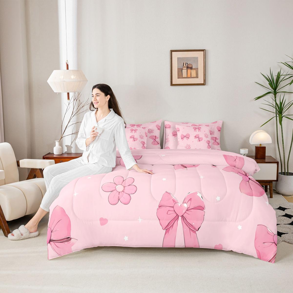 Erosebridal Pink Bows 7 Piece Comforter Set King Size Girly Bowknot Bedding Set for Kids Girls Bedroom Pink Bows Comforter with Sheets Microfiber Bow Ribbon Heart Pattern Quilt Set Flower Bed Set