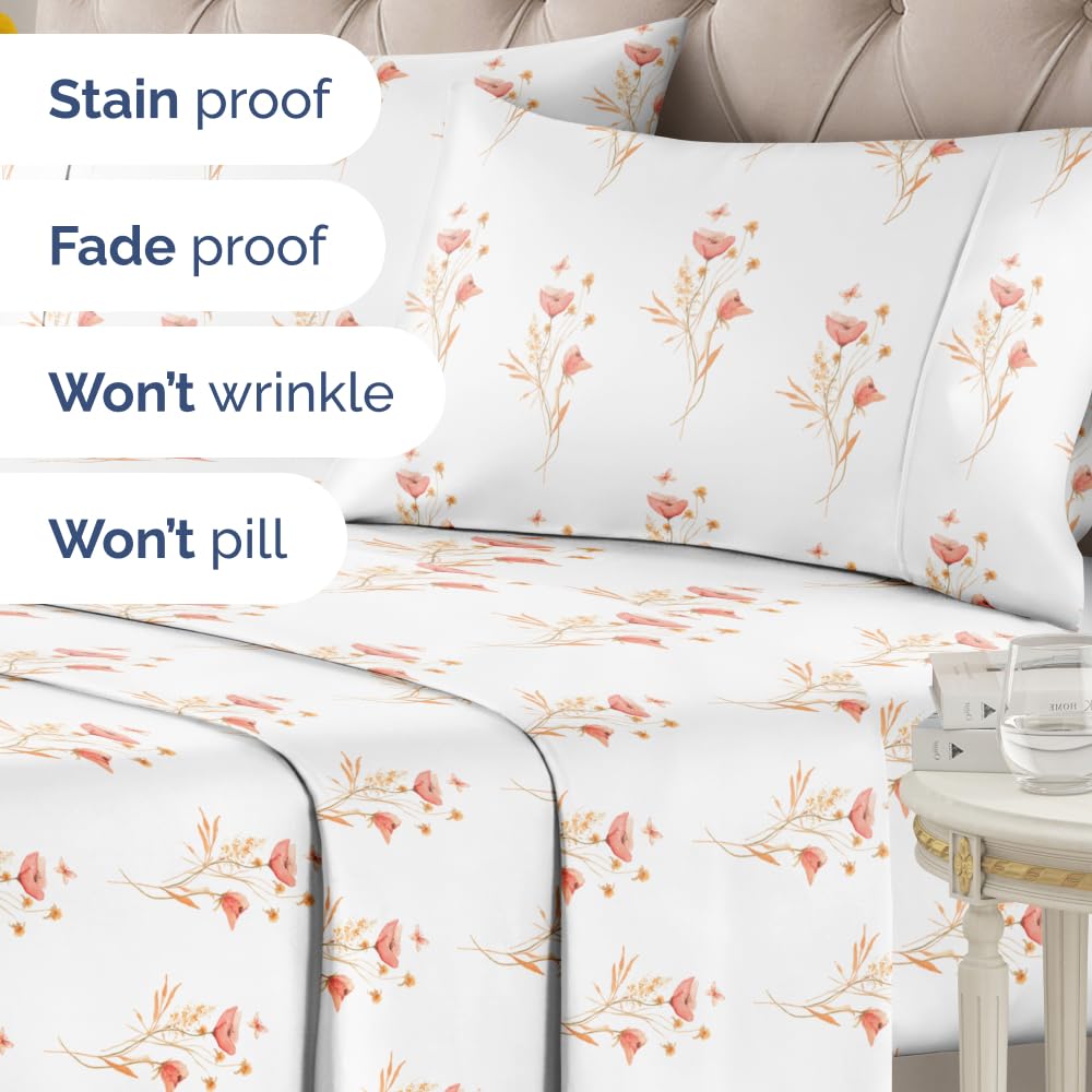Floral Sheets - Pink Floral Butterfly Bed Sheet Set - 1 Flat & 1 Fitted & 2 Pillowcases w/ Deep Pockets - Wrinkle & Fade Free - Boho Botanical Bedding - Soft, Breathable and Cooling - King Size New