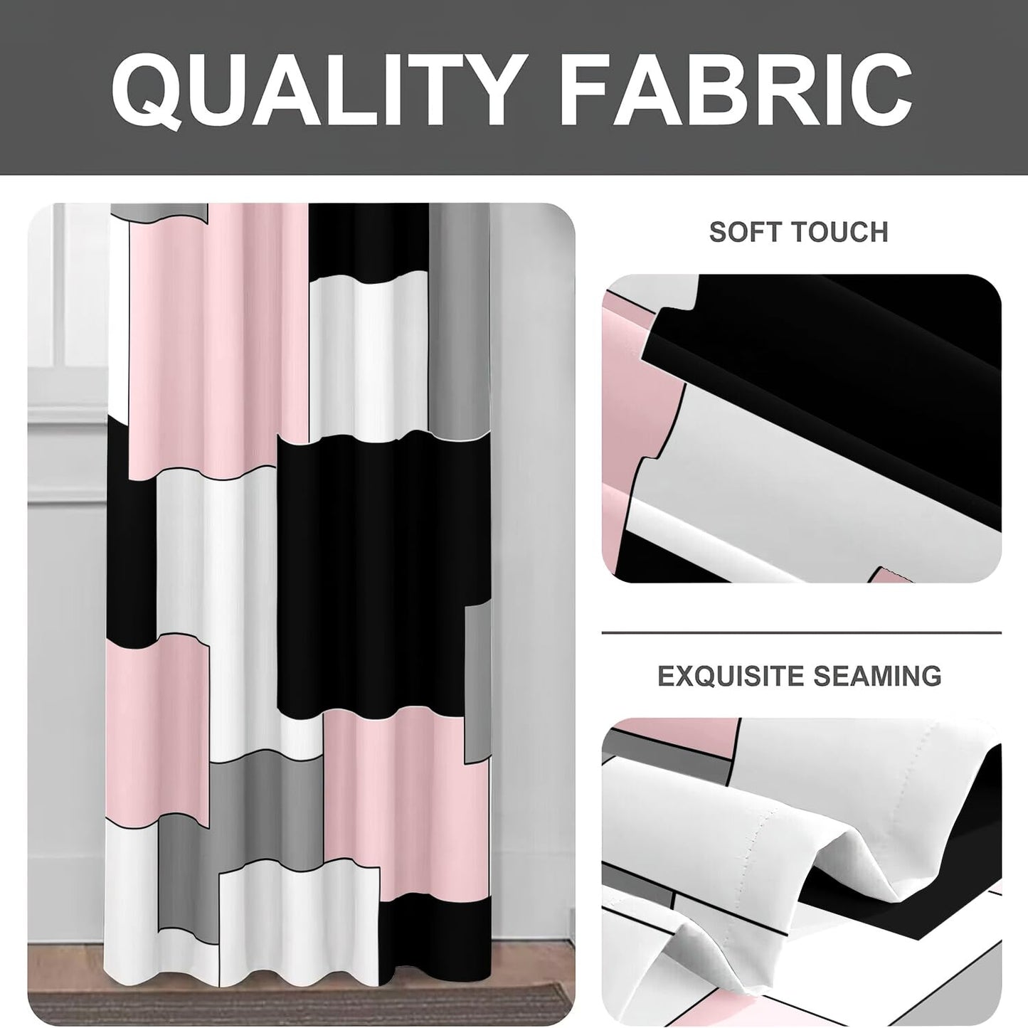 XFLINGBAO Pink and Black Curtains 84 Length for Living Room Modern Pink Black Geometry Curtains Grey Abstract Rod Pocket Curtain for Bedroom Kitchen Girls Room Window Drapes 2 Panels