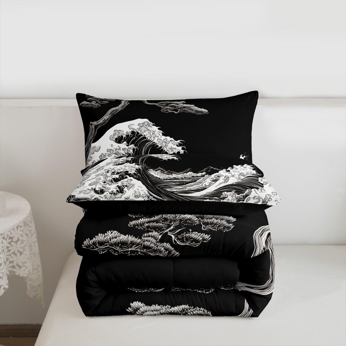 jejeloiu Wave Comforter Set All Season Japanese Style Bedding Set with 2 Pillow Cases Ocean Wave Microfiber Kids Queen Bedclothes Bedroom Decor Duvet Quilt Breathable Soft Lightweight