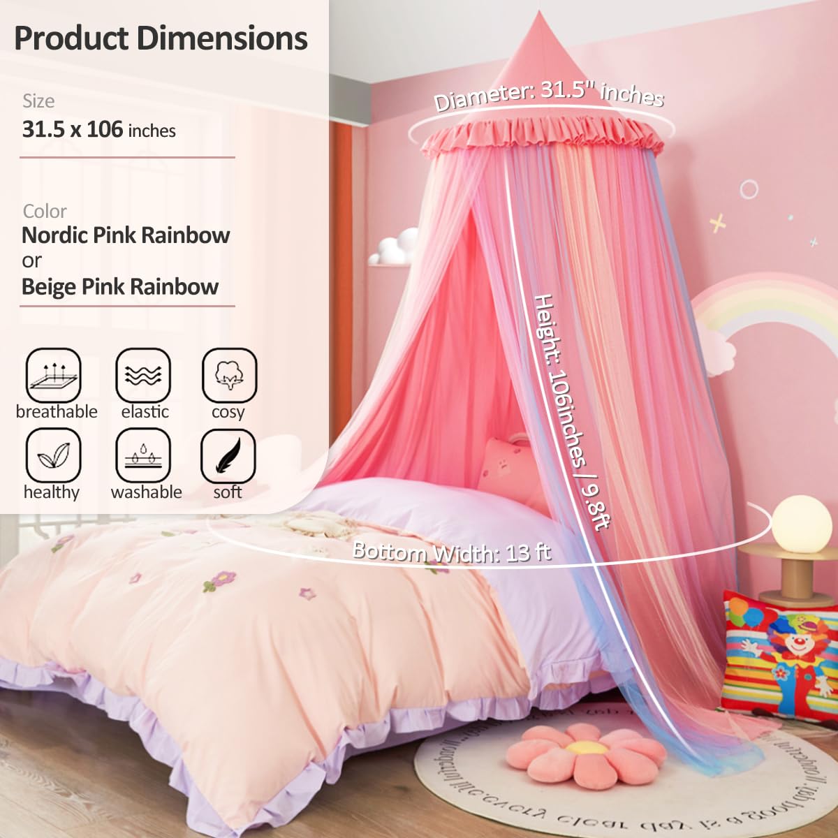 Kertnic Rainbow Bed Canopy for Girls Dreamy Mosquito Net for Bed Round Dome Princess Bed Canopy Girl Room Play Tent Canopy Bed Netting Curtains, 31.5inch Large Dome (Nordic Pink Rainbow)