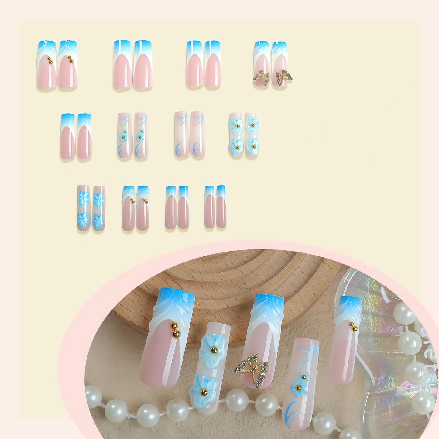 BABALAL Press on Nails Long Square Fake Nails Blue French Tip Glue ons 3D Texture Water Ripple Handmade Design with Butterfly Charm Supplies Art 24Pcs XL Full Cover Acrylic False Nails