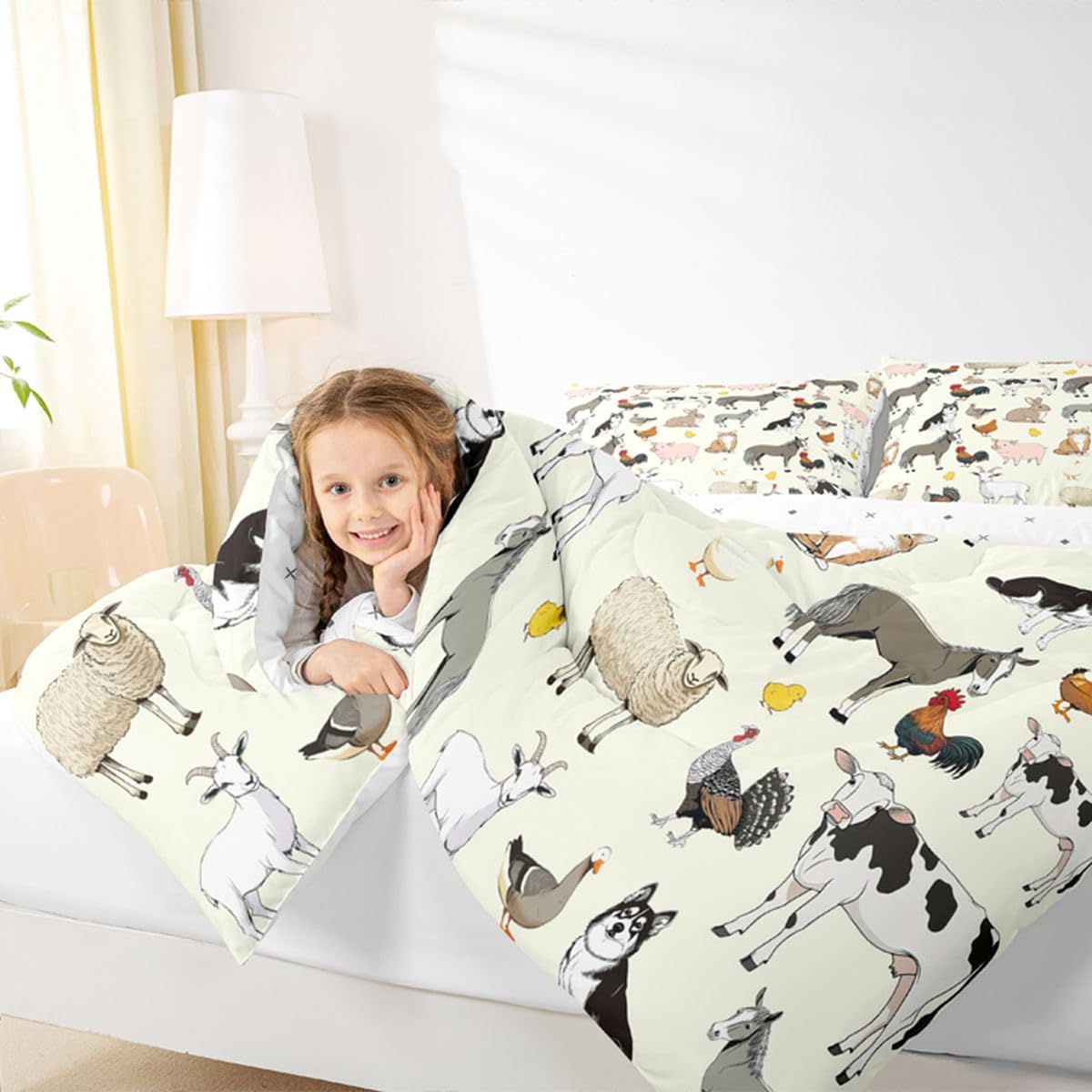 Feelyou Beige Farm Animal Comforter Set Toddler Size Cute Animal Bedding Set for Kids Boys Girls Farm Theme Duvet Quilt Cartoon Bedroom Decor 2 Pcs with 1 Pillow Cases