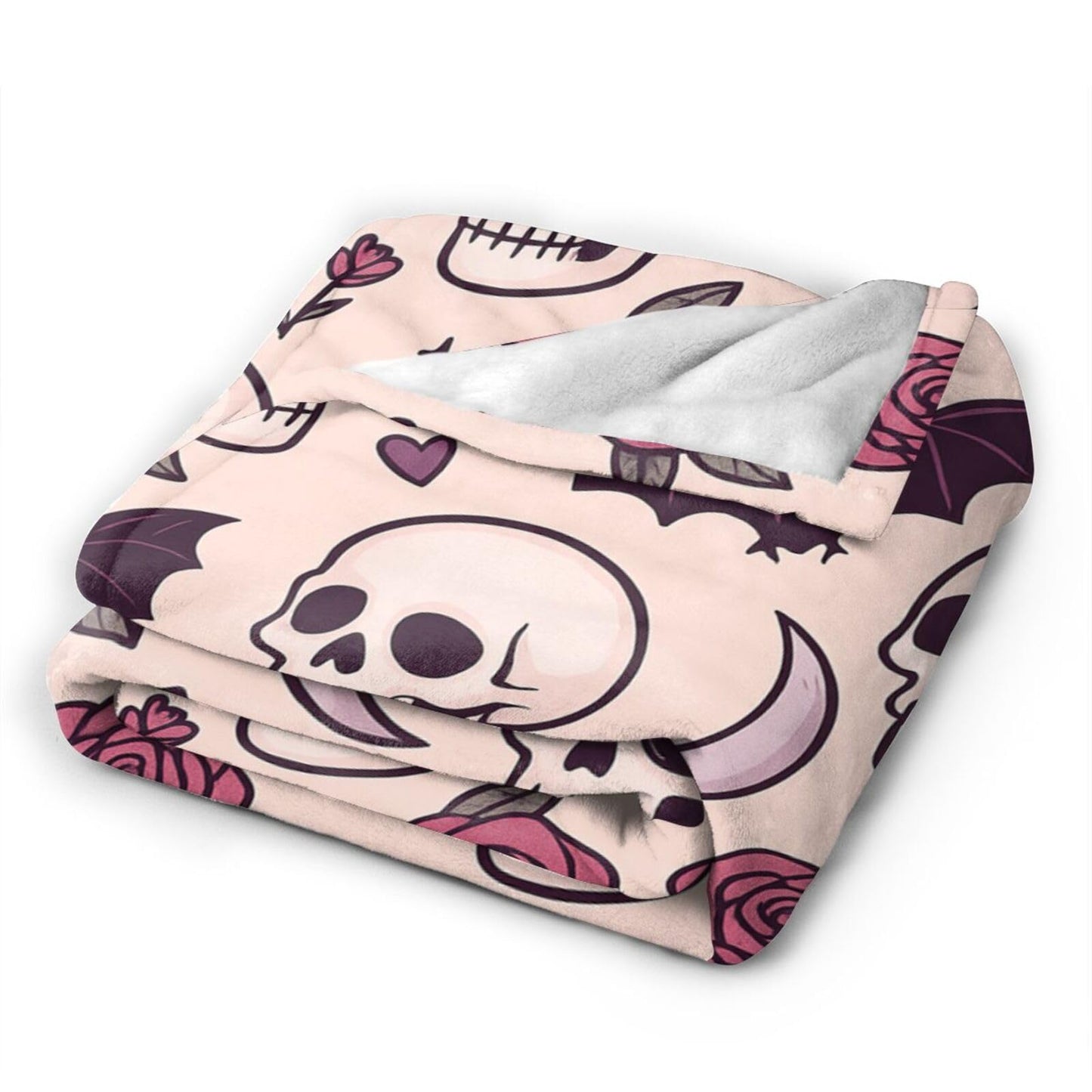 Gothic Pink Blanket Skull Skeleton Rose Bat Throw Blanket for Gothic Lover for Women Girls Adults Cozy Fleece Fuzzy Soft Flannel Plush Warm Bedding Stuff for Sofa Bed Couch 40 x 50 Inch