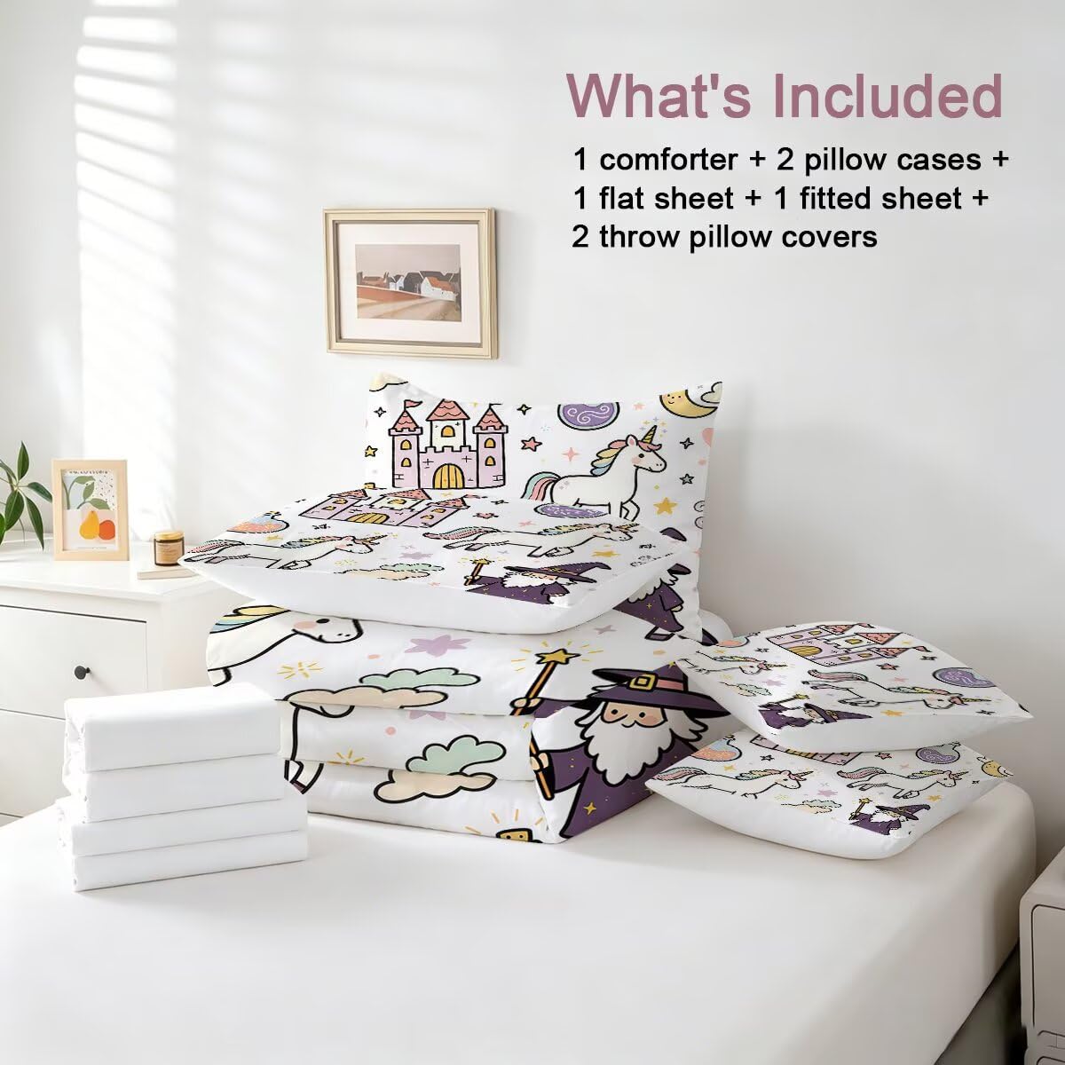 FUYEUN Cartoon Cute Unicorn 7 Piece Twin Comforter Set for Girls Toddler