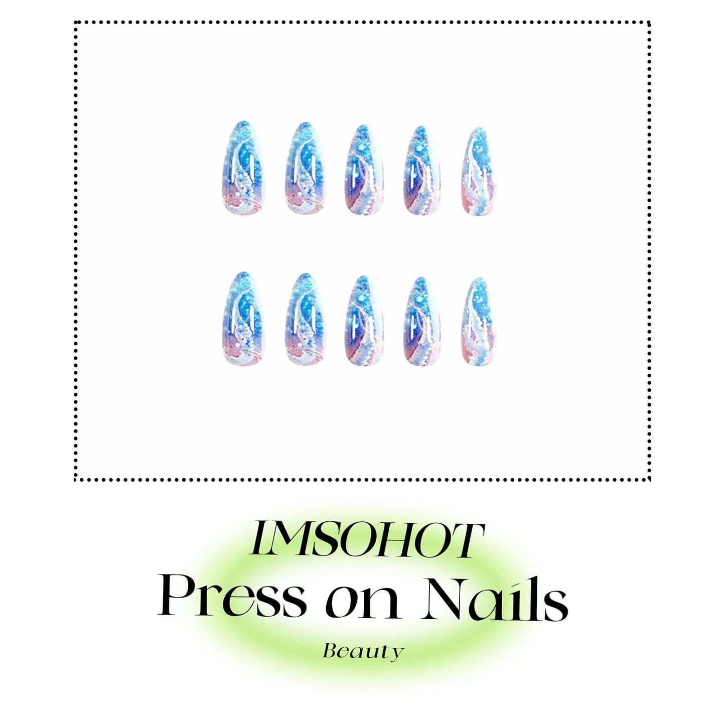 IMSOHOT Blue Press on Nails Almond Medium Fake Nails Glossy False Nails Full Cover Summer Acrylic Glue on Nails for Women DIY Manicure Decoration 24Pcs