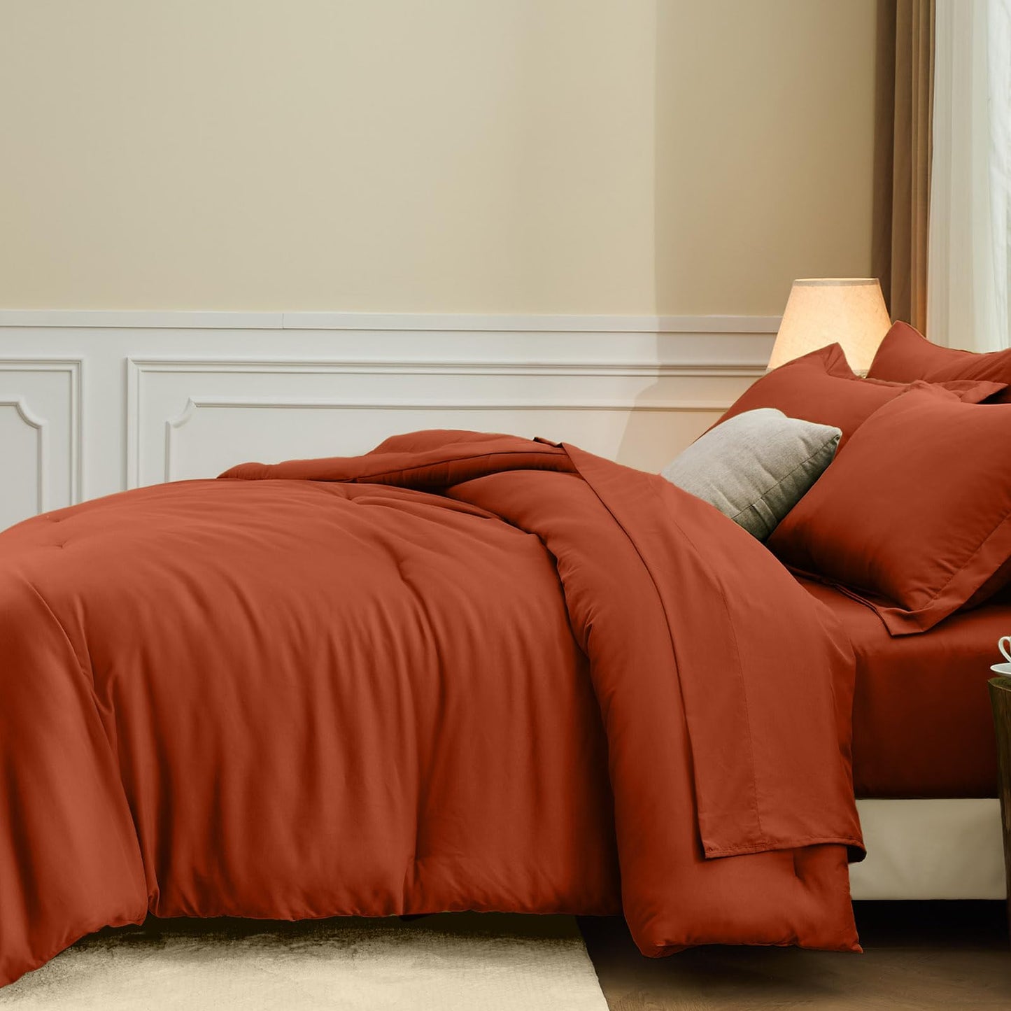 FUANNA King Size Comforter Sets Burnt Orange, 7 Pieces Soft Bedding Set, All Season Lightweight Bed in a Bag with Comforter, Flat Sheet, Fitted Sheet, Pillowcases & Shams
