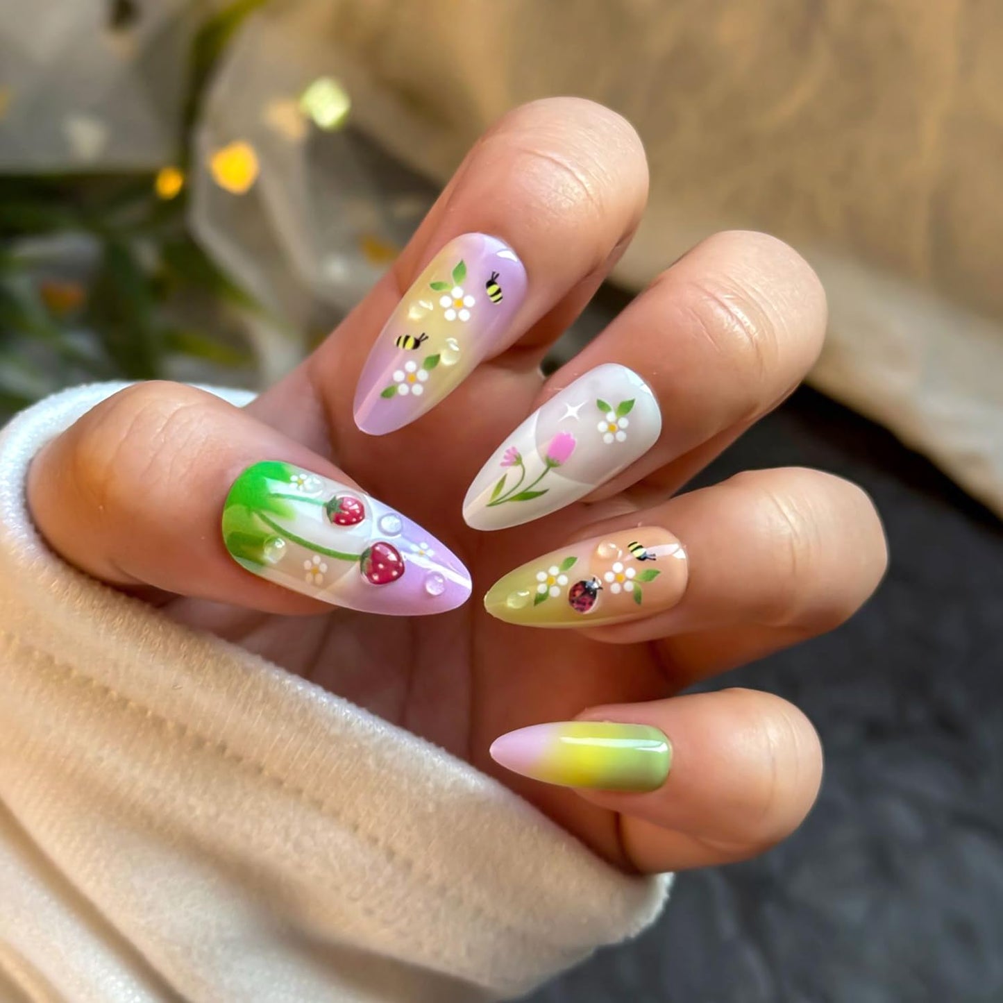 24Pcs Summer Flower Press on Nails Medium Kit Colorful - 3D Ladybug, Strawberry Flower, French Almond-Shaped False Nails Spring Summer Nail Art Handmade Stick on Nails for Women