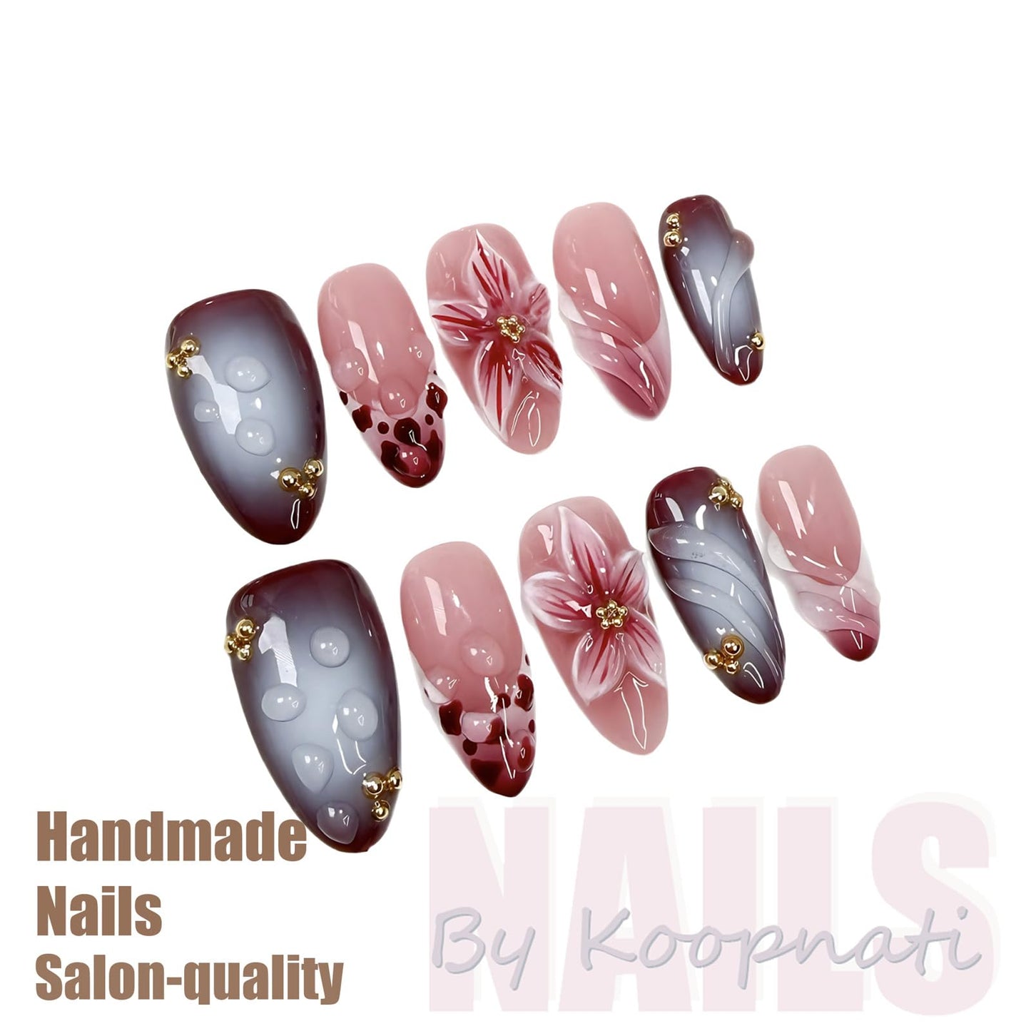 Handmade Press On Nails Almond Pink Homemade Press On Nails French Tip With 3D Design Fake Nail Art For Women M