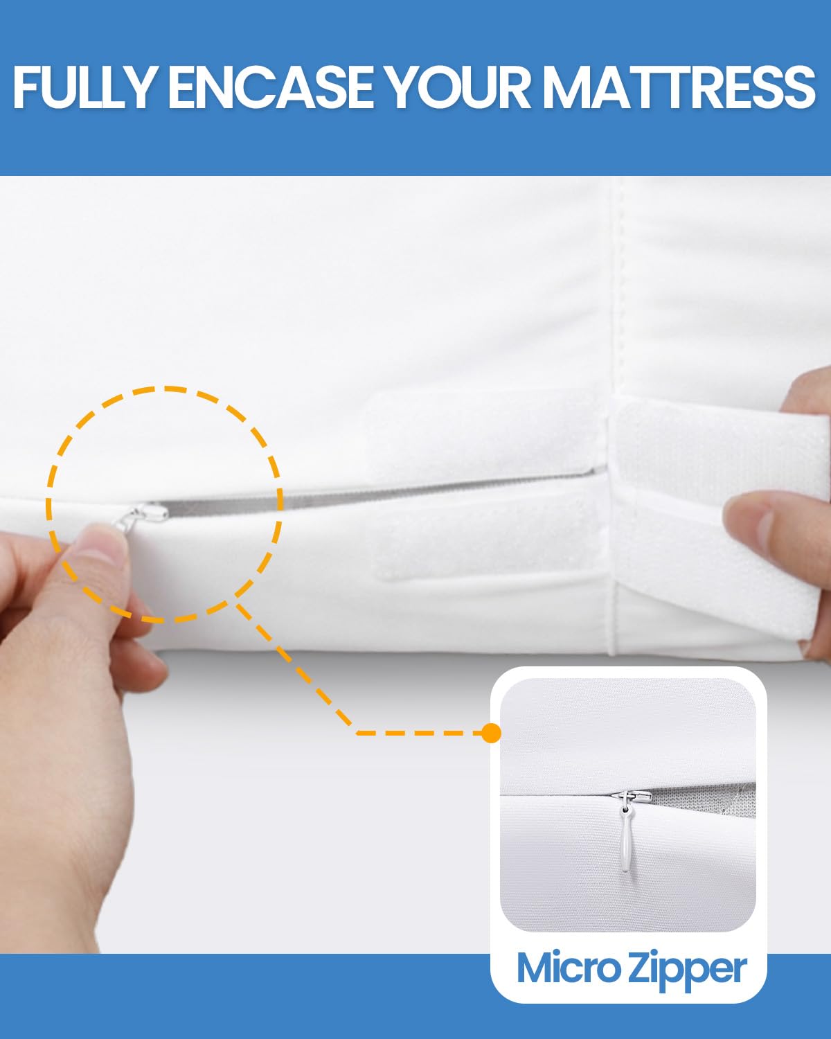HUPPER Queen Mattress Protector Zippered (12/13/14/15Inchs), Terry Cloth Mattress Encasement, 6-Side Waterproof Mattress Cover, Micro Zipper, Noiseless, for Queen Mattress 60 * 80
