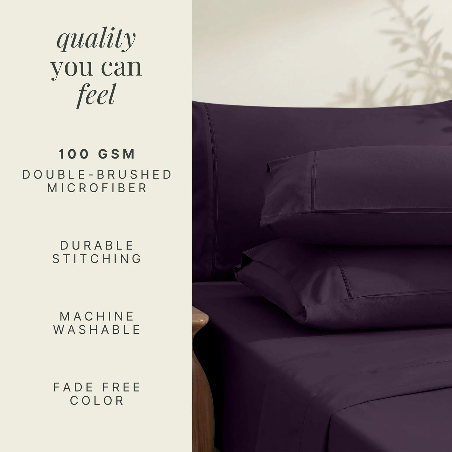 Hearth & Harbor Extra Deep Pocket Queen Sheets Sets - Fits Mattress 18-24 Inches Deep - Extra Deep Pocket Sheets - 6 Piece Queen Size - Eggplant