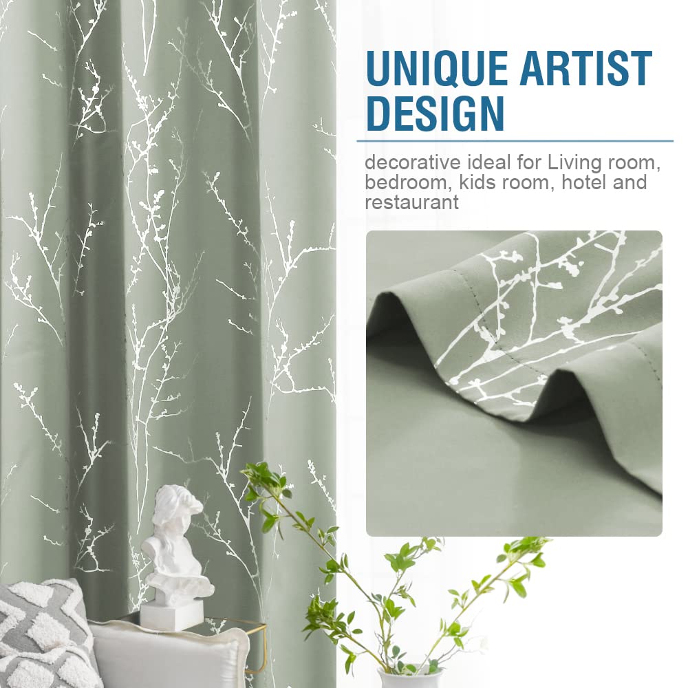 H.VERSAILTEX Blackout Curtains for Bedroom Foil Print Twig Tree Branch Thermal Insulated Grommet Curtain Drapes Light Blocking Thick Soft Window Curtains for Living 52 x 84 Inch, 2 Panels, Sage