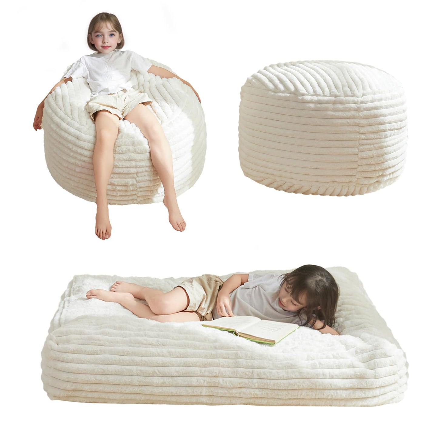 MAXYOYO Kids Bean Bag Chair Bed, Convertible Children Chair to Floor Couch with Filler, Faux Fur Bean Bag Bed Stuffed Child Sofa Couch for Girl Boy, Machine Washable Cover, Beige