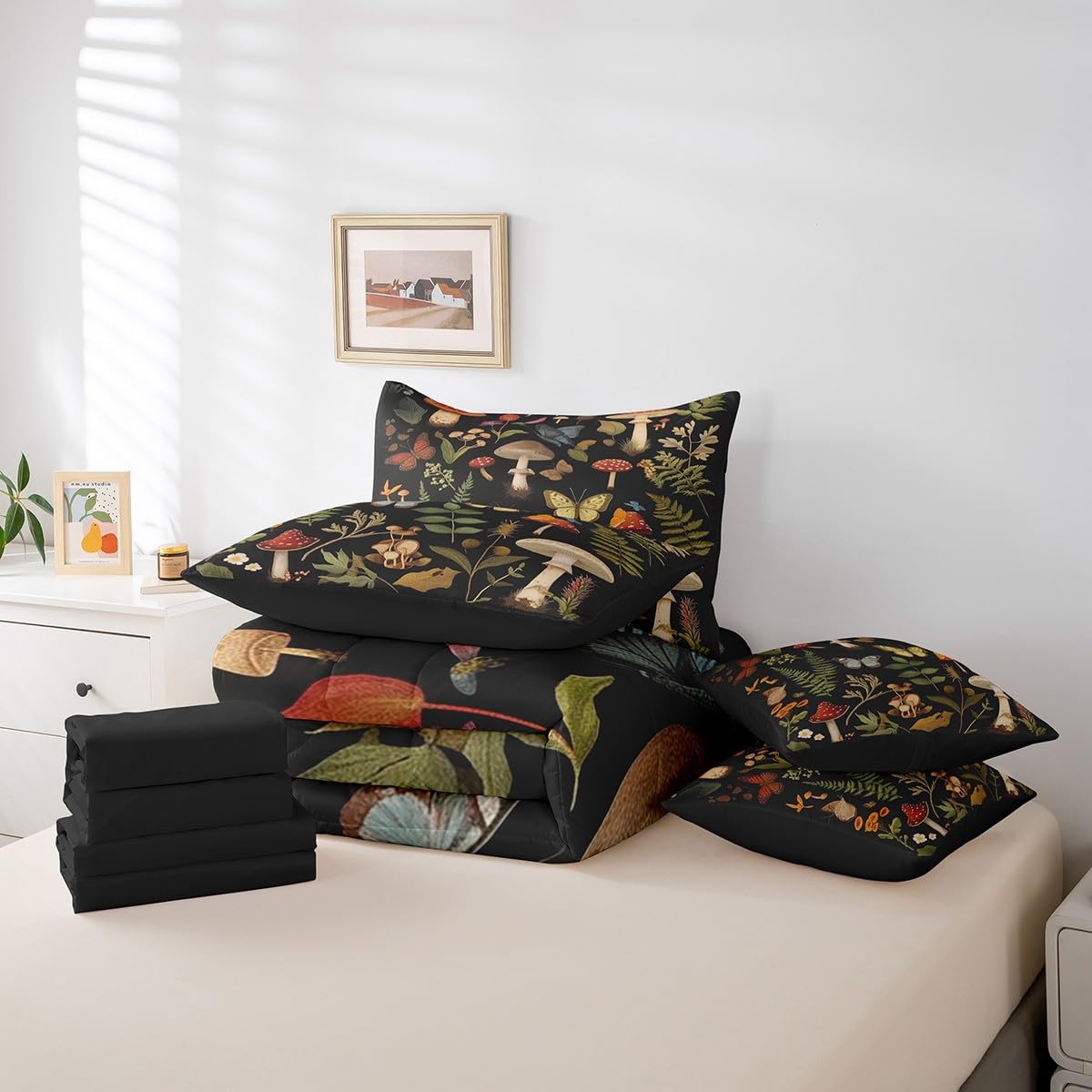 Erosebridal Mushroom Comforter Set Queen,Woodland Botanical Leaves Bedding Set 7Pcs for Kids Teens Adults,Butterfly Wild Safari Animal Bed in a Bag,Jungle Mushroom Print Quilt