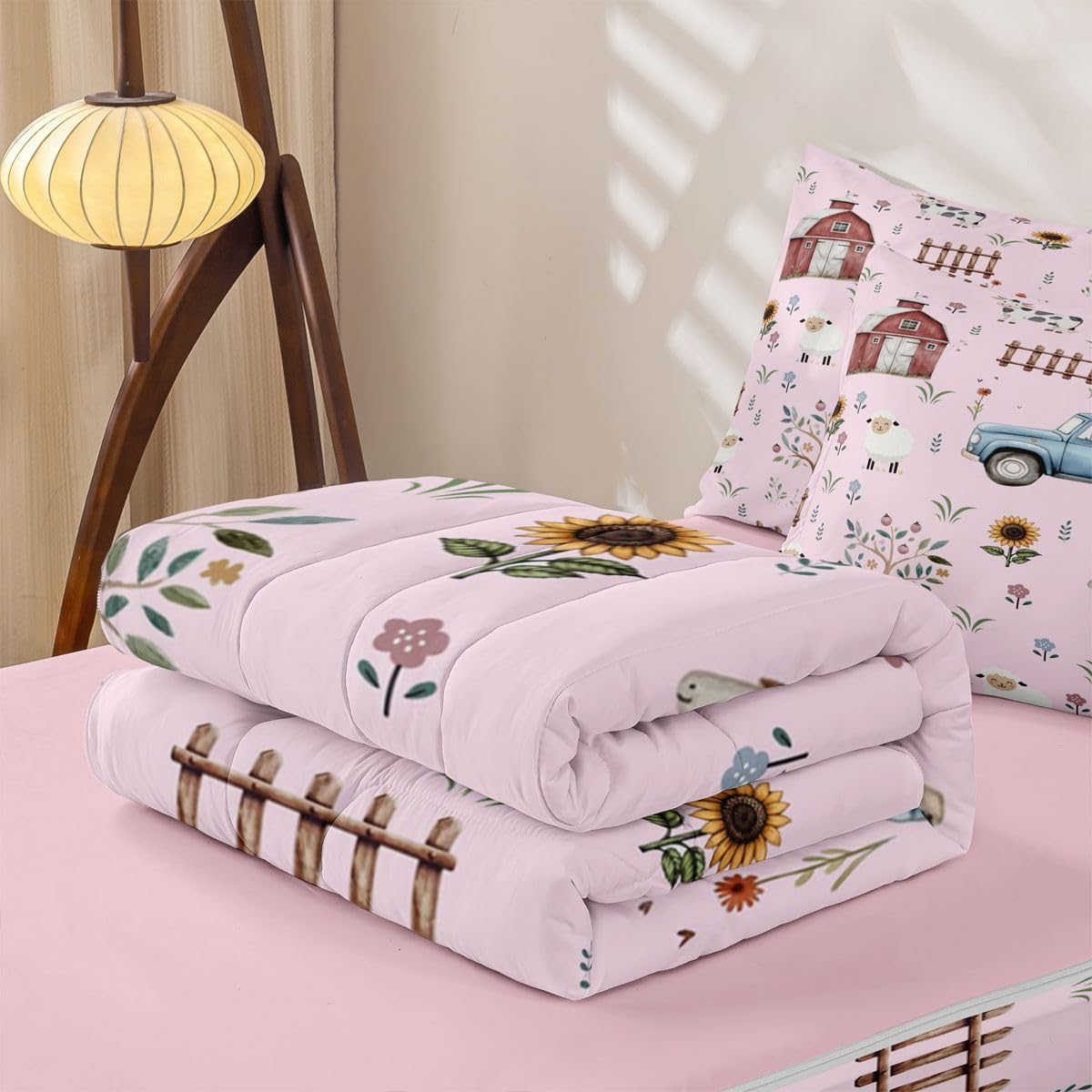 Erosebridal Farm Animal Kids Zipper Bedding Set Twin Cartoon Tractor Zip Up Comforter Set with Sheets Rustic Barn Door Bed in a Bag Farmhouse Horse Sheep Cow Cartoon Animals Sunflower Floral Bed Sets