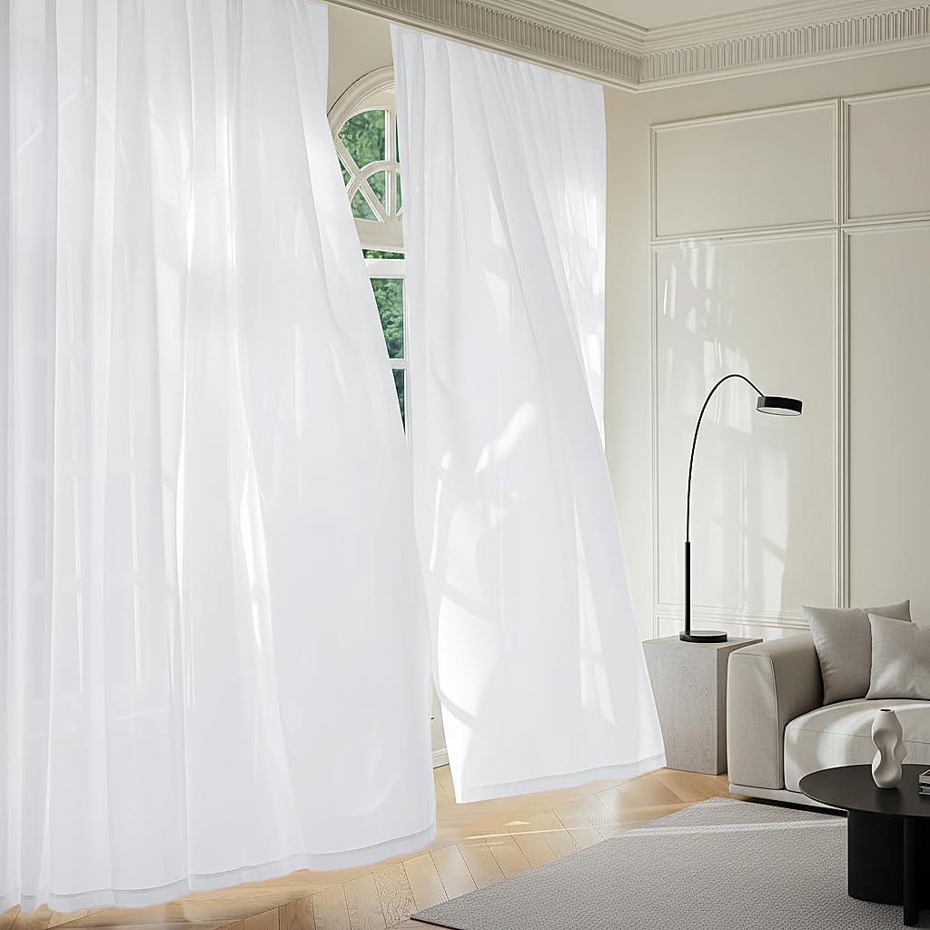 NICETOWN Pure White 4 Panels Privacy Sheer Curtains 52 x 96 Inches Long, Non-See-Through Light Filtering Window Treatment Drapes for Living Room, Bedroom - Rod Pocket Style
