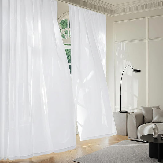 NICETOWN Pure White 4 Panels Privacy Sheer Curtains 52 x 96 Inches Long, Non-See-Through Light Filtering Window Treatment Drapes for Living Room, Bedroom - Rod Pocket Style