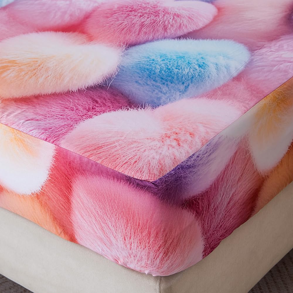 NATURETY Bedding Fitted Sheet with Deep Pocket,3D Pattern Sweet Heart Printed Fabric Bed Sheets (Pink Heart, Queen)