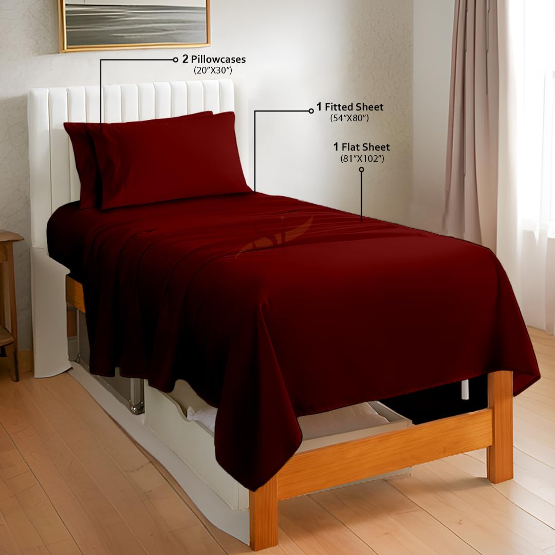 Full XL Sheet Set for Dorm, Soft Microfiber Bed Sheets with Pillowcase, Wrinkle Resistant & Lightweight, Ideal for College Dorm Room Bed, Burgundy