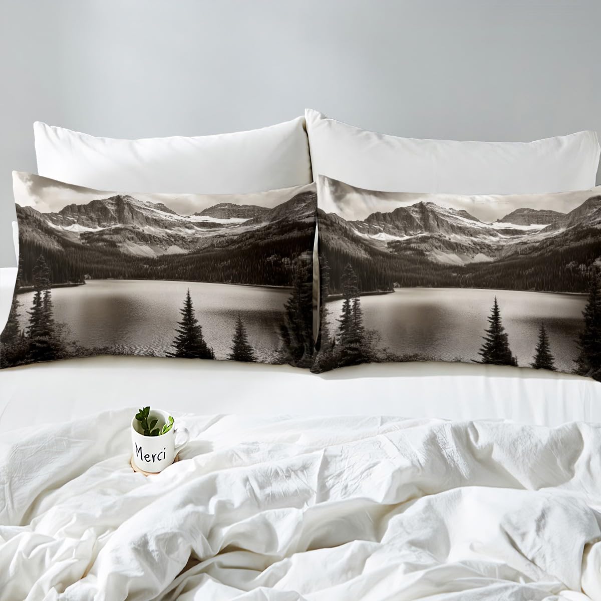 Erosebridal High Mountain Bed Sheets King Size Nature Theme Bedding Set Lake Pine Trees Sheet Set for Teens Adults Men Bedroom,Grey Landscape Fitted Sheet Flat Sheet 2 Pillow Cases