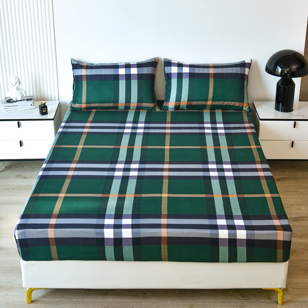 Buffalo Check Grid Fitted Sheet Twin Super Soft Green Plaid Gingham Bedding Sheet Microfiber Modern Geometric Stripe Deep Pocket Fitted Sheet Pillow Case Farmhouse Machine Washable Bed Cover