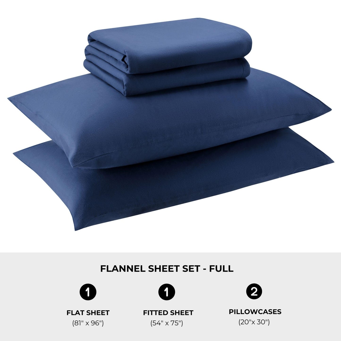 Featherhead 100% Cotton 4PCs Flannel Sheet Set | Double-Brushed for Extra Softness, Warm & Breathable, Extra Deep Pockets fits Up to 17” (Navy Blue, Full)