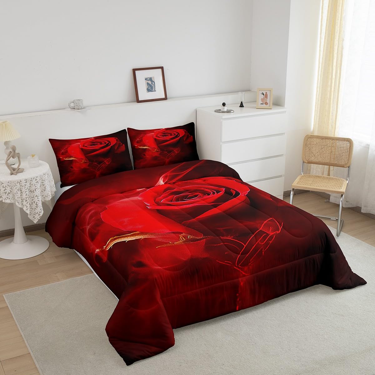 Erosebridal Valentine's Day Comforter Set Queen,Black Red Rose Floral Bedding Sets for Girls Women,Elegant Flowers 3D Print Quilt Set Soft Luxury Microfiber 3Pcs Quilted Comforter with 2 Pillow Shams