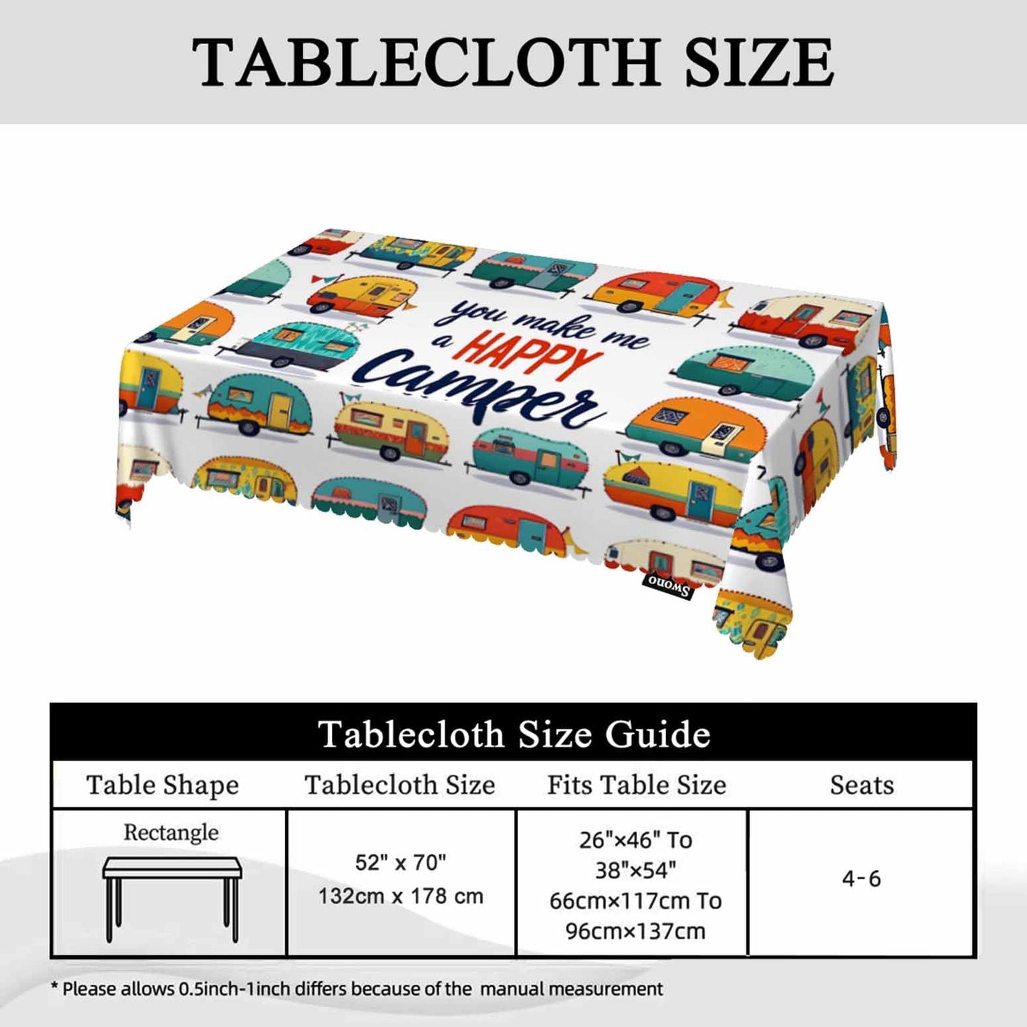 Swono Cars Cute Rectangular Tablecloth Cartoon Cars You Make Me A Happy Camper Quote Heavy Duty Table Cloth Kitchen Dining Room Table Cover for Party Dinner 50x72 Inch Tablecloths