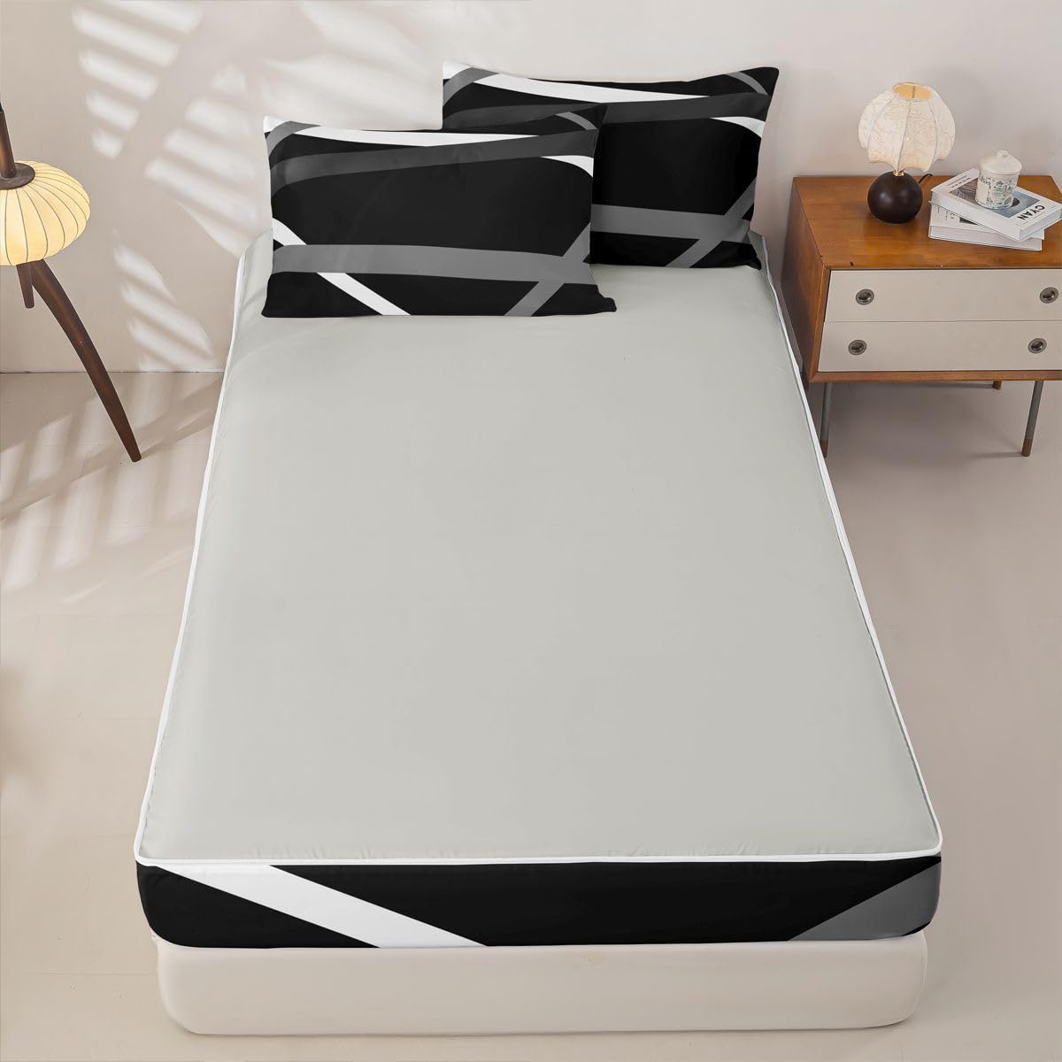 Erosebridal Gray Black White Striped Zippered Comforter Set for Adult Women Men - Modern Abstract Zipper Bedding Set Twin Size Geometric Lines Bed in a Bag Aesthetic Boho Comforter with Sheets