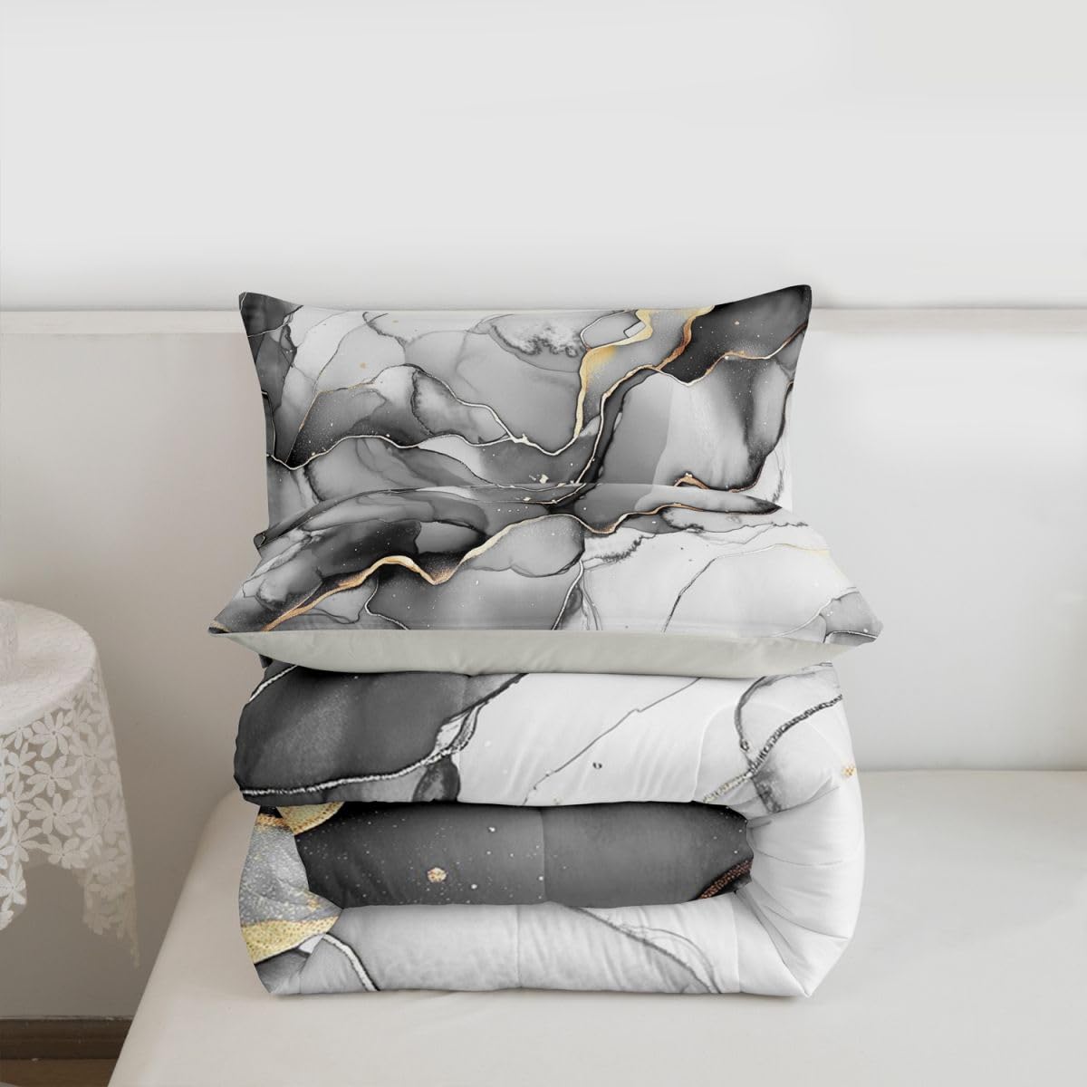 Erosebridal Grey Marbling Bedding Set King Marble Pattern Comforter Set for Kids Boys Girls Gold Ink Fluid Art Down Comforter,Ombre Marble Textured Quilt Duvet