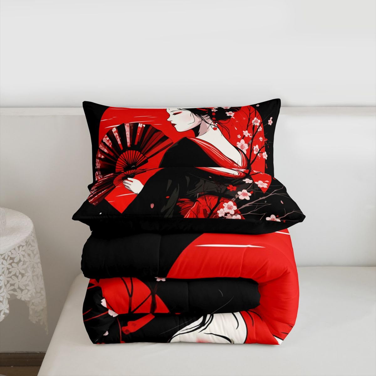 jejeloiu Japanese Geisha Comforter Set Queen Size Cherry Blossom Bedding Set for Kids Boys Girls Red Sun Duvet Quilt Japanese Ukiyoe Bedroom Decor Microfiber 3 Pcs with 2 Pillow Cases