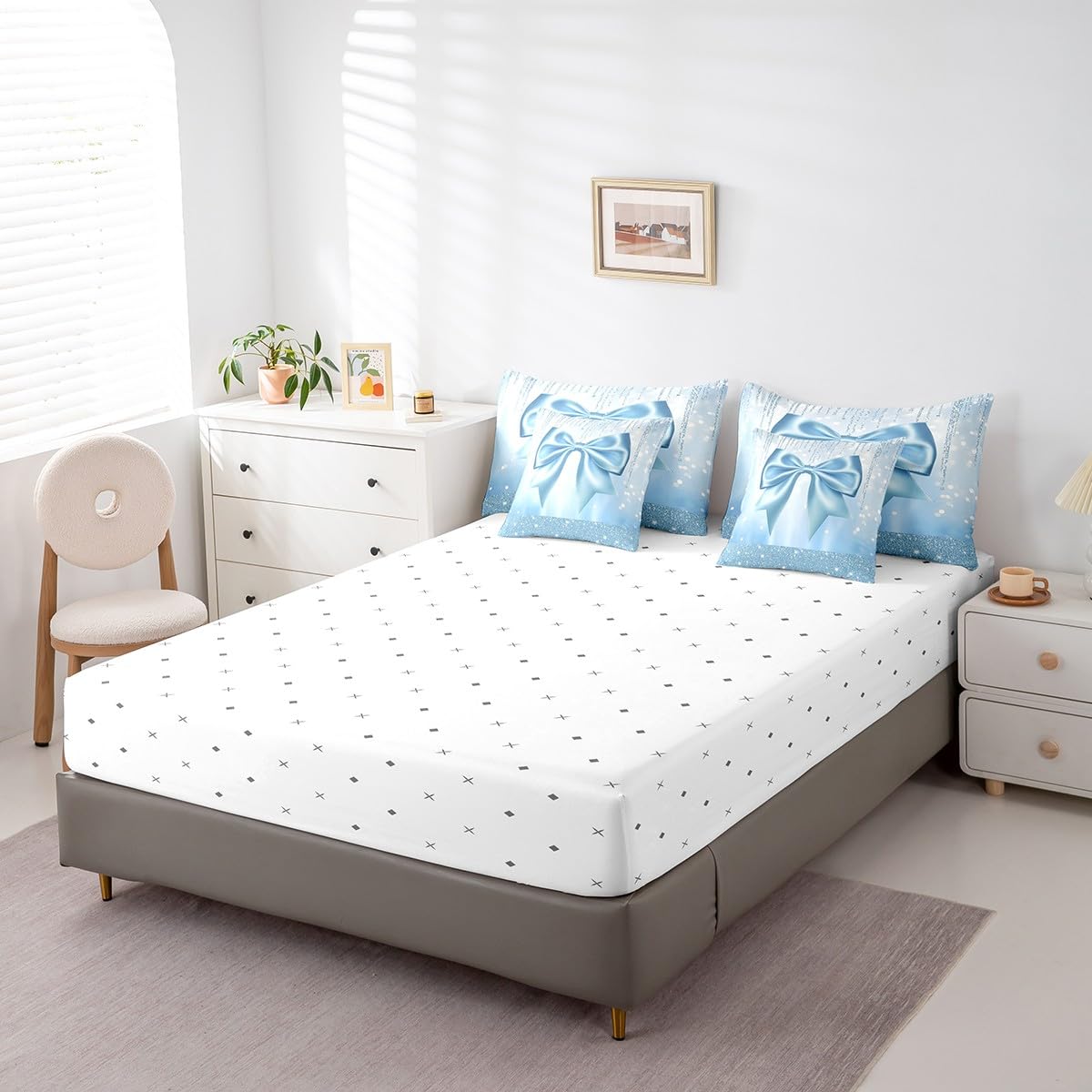 Feelyou Kids Cute Bowknot 7 Pieces Bedding Set Twin Size, Dreamy Princess Comforter Set with Sheets Boys Girls Glitter Bed in A Bag Blue Bow Teens Bed Set Bedroom Decor 7Pcs