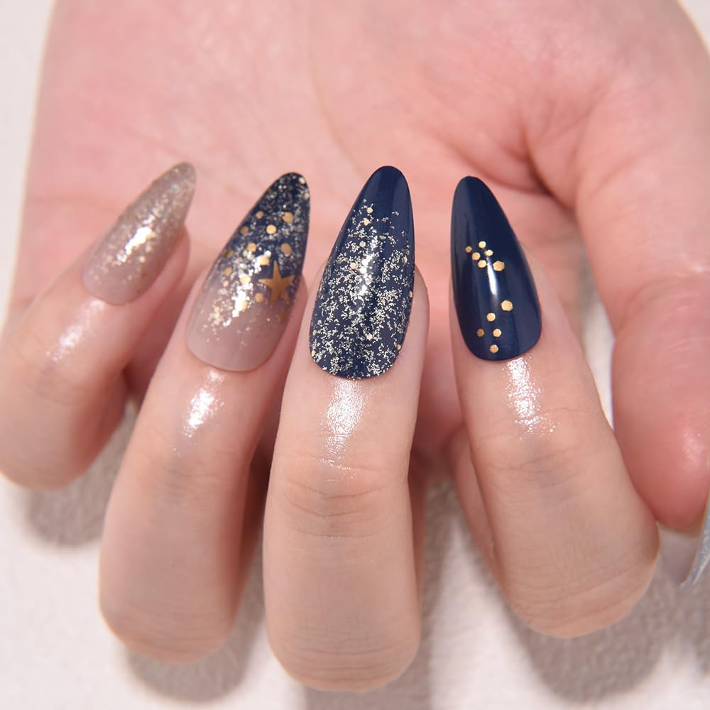 evpct Ombre Blue Press on Nails Medium Almond, Blue Fake Nails with 3D Stars Design, Reusable Perfect Fit Press ons Short False Nail for Women Manicure, Ombre Fake Nail Kit with Kits Gel Stick, 24Pcs