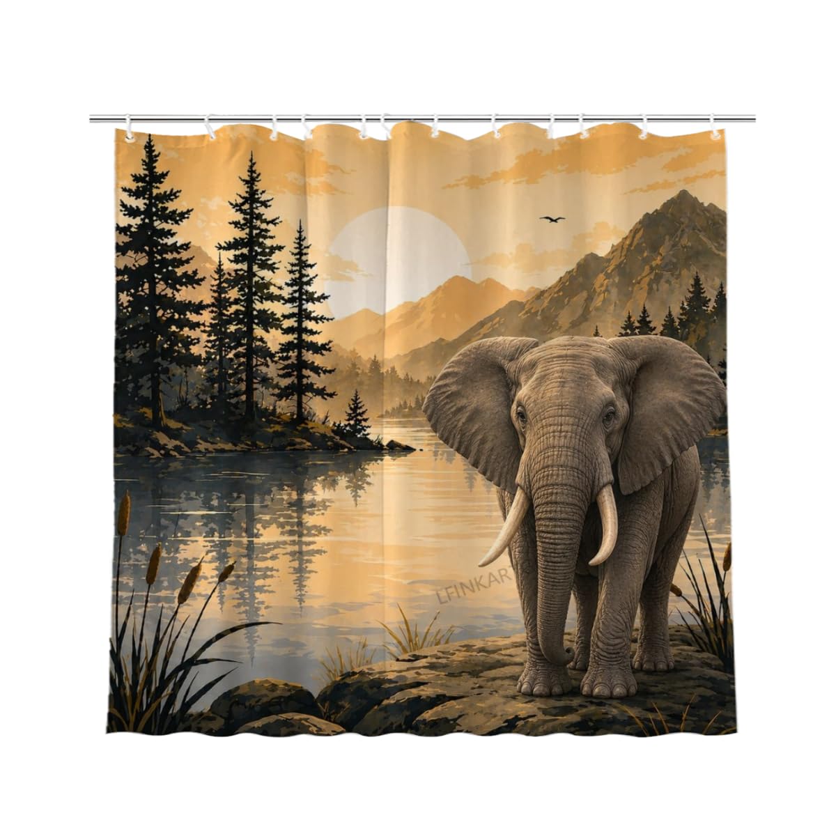 LFINKARTGOGO Cute Elephant Shower Curtain Mountain Lake with Forest and Sunset Landscape 72x72 with 12 Hooks Waterproof Washable Polyester Bath Curtain for Home Hotel Decor