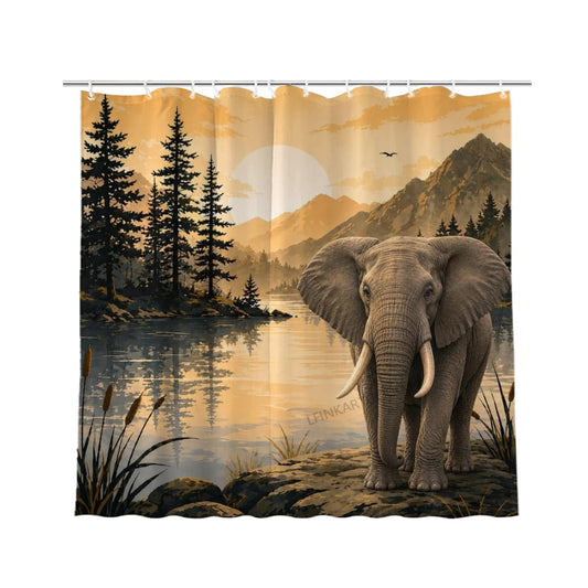 LFINKARTGOGO Cute Elephant Shower Curtain Mountain Lake with Forest and Sunset Landscape 72x72 with 12 Hooks Waterproof Washable Polyester Bath Curtain for Home Hotel Decor