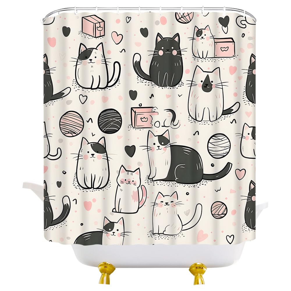 YOZSLGU Funny Abstract Cat Shower Curtain Cute Kitty Kitten Cartoon Fabric Bathroom Decor Curtains Set with Hooks, 70" Wx70 H