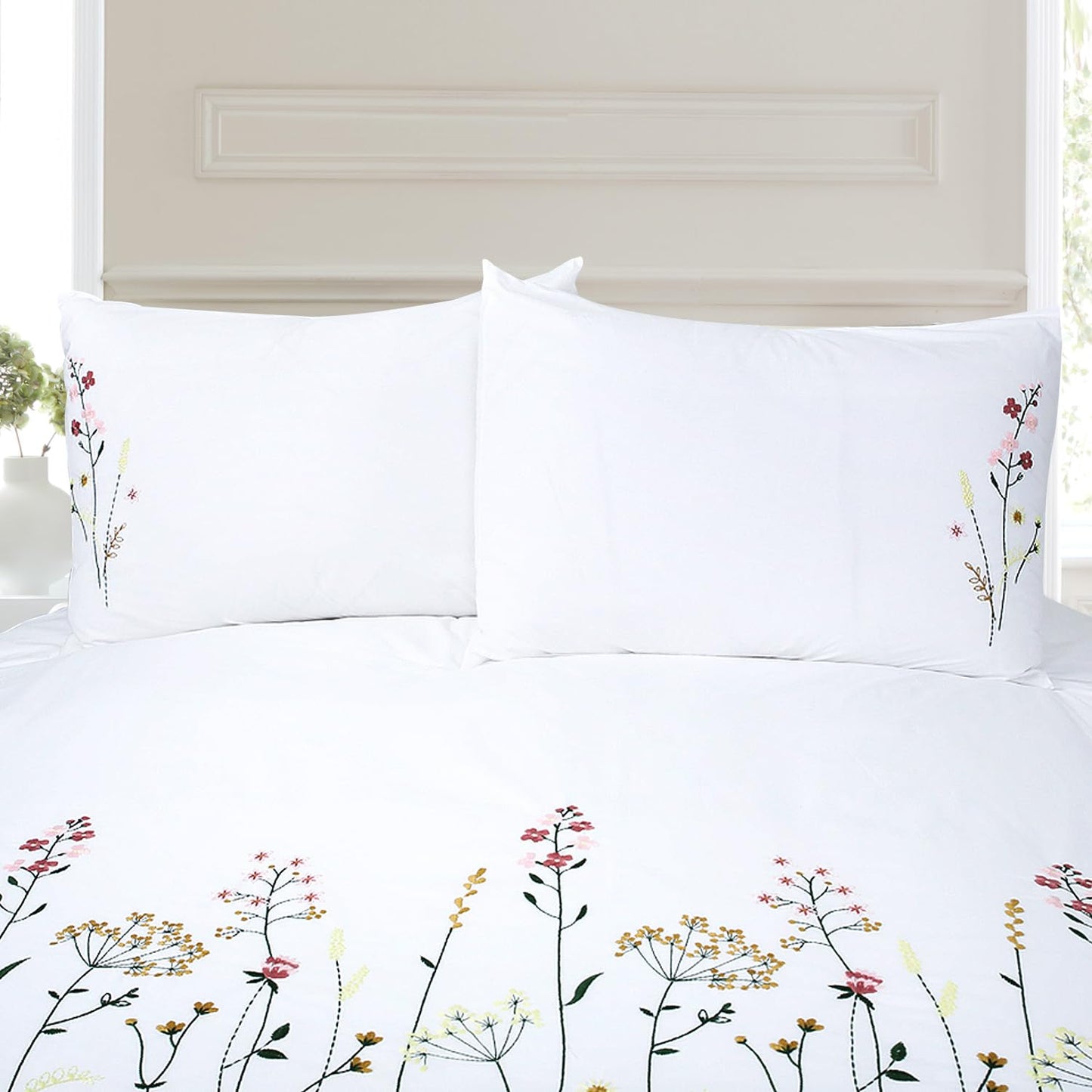 YINFUNG Cotton Duvet Cover Set White King Floral Embroidered Flower Spring Flowered Elegant Pink French Country Girls Coquette Pretty Botanical Bedding Set Comforter Cover