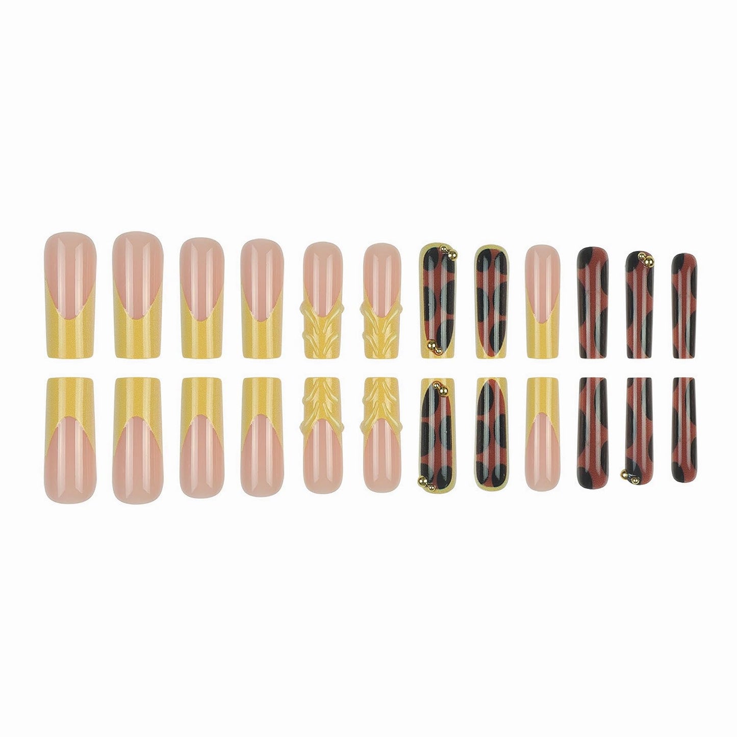 MISUD Press on Nails - Long Square Fake Nails with Fall Brown Amber, Acrylic Yellow French Tip Design 24 pcs