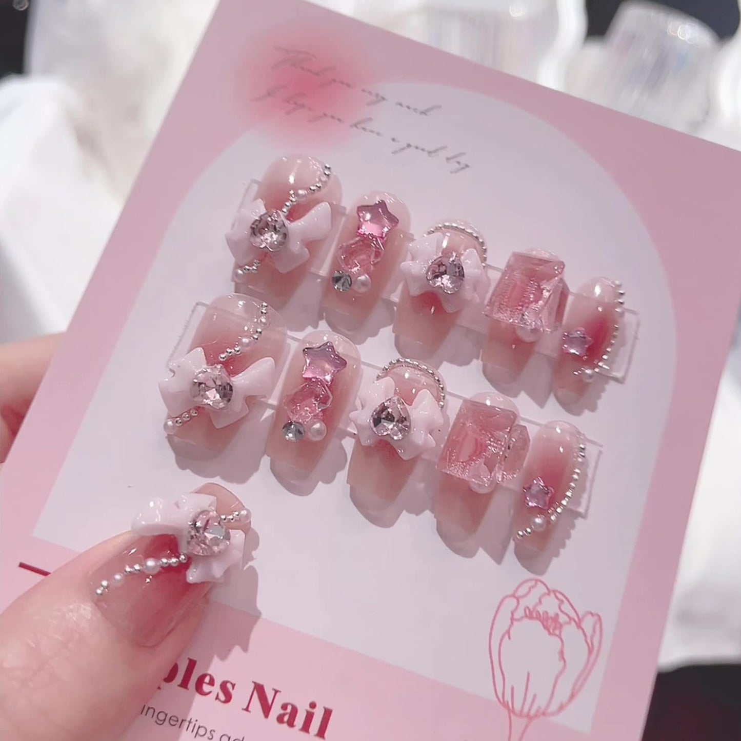 SINHOT Luxury Press on Nails - Medium Almond Fake Nails 3D Handmade Cute Star Reusable False Nails with Rhinestone Designs,DIY Artificial Nail Art, 24pcs